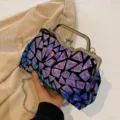 Elegant sequined evening clutch bag with geometric patchwork and metal clasp closure - Blue