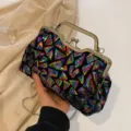 Luxury colorful triangle sequin clutch bag with silver metal frame and elegant chain strap - Rainbow