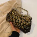 Elegant gold sequin evening clutch bag with geometric triangle pattern and metal chain - Gold
