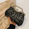 Elegant black evening clutch featuring silver sequins, metal clasp, and chain strap. - Gray