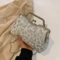 Elegant silver sequin evening clutch bag with metal handle and detachable chain strap for parties. - White