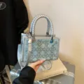 Denim blue small tote bag with silver woven handle and sequin patterns - Single Bag / Silver
