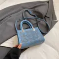 Elegant denim blue small tote bag with sequin grid pattern and woven handles for women - Single Bag / Dark Blue