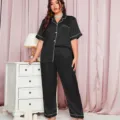 Elegant plus size black satin pajama set with short sleeve shirt and long pants - 3XL / Top And Bottom / Black