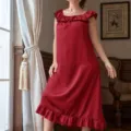 Elegant red silky nightgown with ruffle trim and bow detail in a loose plus size fit. - 3XL / Dresses / Burgundy