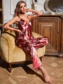 Elegant red floral print satin camisole and trouser loungewear pajama set for women - S / Top And Bottom / Red Lily
