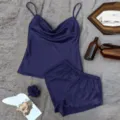 Elegant navy blue satin pajama set featuring a camisole top and matching shorts - S / Top And Bottom (With Hair Tie) / Navy Blue
