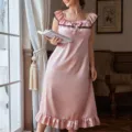 Elegant pink satin plus size nightdress with ruffle lace collar and sweet bow detail - 3XL / Dresses / Pink