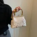 Elegant vintage floral embroidered frame evening bag with bamboo handle and gold chain strap - Bamboo Handle Style / Pink