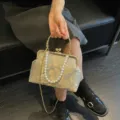 Elegant grey evening clutch bag with gold floral embroidery and pearl chain handle - Pearl Handle Style / Blue