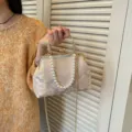 Elegant Korean style pink evening bag featuring floral embroidery and luxury pearl strap - Pearl Handle Style / Pink