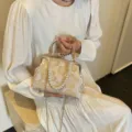 Elegant white embroidered flower evening clutch bag with pearl chain strap for party - Pearl Handle Style / Khaki