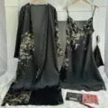 Elegant black floral print satin sleepwear set with long robe and slip nightgown - S / Set / Black Cherry