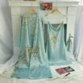 Elegant light blue floral cherry print faux silk satin robe and nightdress set for women - S / Set / Light Green Cherry