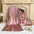 Two-piece pink faux silk sleepwear set with floral print robe and camisole nightgown - Pink Cherry