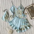 Elegant light blue floral faux silk camisole and shorts pajama set for loungewear. - S / Top And Bottom / 3 Pieces/Pack (Including Bag) / Light Green Cherry