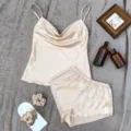 Elegant champagne silk-like camisole and shorts loungewear set for women's home wear - S / Top And Bottom (With Hair Tie) / Khaki