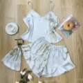 Elegant floral print faux silk pajama set with camisole, shorts, and a matching pouch - S / Top And Bottom / 3 Pieces/Pack (Including Bag) / Gray Cherry