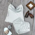 Two-piece silver satin camisole and shorts pajama set featuring a stylish cowl neck design - S / Top And Bottom (With Hair Tie) / Haze Blue