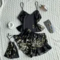 Black faux silk floral print pajama set with camisole and ruffled shorts - Black Cherry