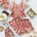 Elegant pink floral faux silk pajama set including camisole, ruffled shorts and matching bag - Pink Cherry