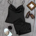 Elegant black ice silk pajama set featuring camisole top and comfortable shorts - Black
