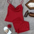 Elegant wine red silk-like satin camisole and shorts two-piece sleepwear set for women - Red