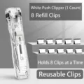 Professional transparent white clam clip dispenser set with 8 reusable metal refill clips - Transparent White With 8 Clips