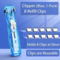 Transparent blue clam clip dispenser tool set with 8 reusable silver refill clips - Transparent Blue With 8 Clips