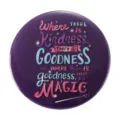 Inspirational purple tinplate badge with Where there is Kindness text for backpacks - Where There Is Kindness (MXZ069)