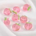 Transparent pink resin peach charms with green leaves for DIY jewelry and keychain making - 10 Pieces/Pack / Pink With Fine Glitter