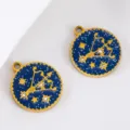 Sagittarius zodiac constellation round pendant in blue enamel with gold plating and crystals - 2 Pcs/Set / Sagittarius