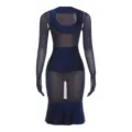 Abito midi bodycon in mesh trasparente a maniche lunghe scollato blu scuro dettaglio. - Taglia S / Blu scuro