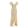 Elegante abito midi floreale con scollo a V, maniche corte e vestibilità slim. - Taglia S / Blu