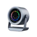 Mini desktop turbo circulating fan with RGB ring light, digital display, and rechargeable battery. - Black and Gray