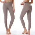 Leggings de yoga sans couture taille haute femme effet nu stretch fitness vue avant arrière - S / Kaki