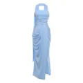 Dettaglio abito lungo azzurro con scollo halter arricciato, elegante spacco laterale e vestibilità. - Taglia S / Azzurro