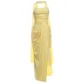 Abito da sera lungo giallo senza spalline con spacchi, vista dettaglio elegante e slim. - Taglia S / Giallo