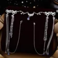 Detailed view of silver bridal hair chain with iridescent crystal waterdrop pendants - Silver Comb Head Chain
