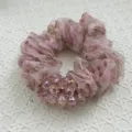 Detailed view of elegant pink floral organza scrunchie with sparkling pink crystal beads - Pink