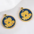 Gemini zodiac round pendant, gold-plated stainless steel with blue enamel and rhinestones. - 2 Pcs/Set / Gemini