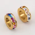 18K gold plated stainless steel spacer beads with colorful rhinestones for DIY jewelry - 10 Pieces/Pack / Rainbow Mixed Rhinestones-10.5mm