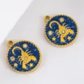 Scorpio zodiac round charm pendant in 18K gold plated stainless steel with blue enamel - 2 Pcs/Set / Scorpio