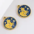 Gold-plated stainless steel Taurus zodiac pendant with blue enamel and rhinestones - 2 Pcs/Set / Taurus