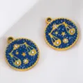 18K gold plated Libra zodiac round pendant featuring blue enamel and sparkling rhinestones - 2 Pcs/Set / Libra