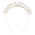 Close-up detail of rhinestone Happy Birthday lettering on a gold party headband - Happy Birthday Text / Gold