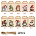 50pcs Christmas gnome paper gift tags with festive holiday illustrations and jute twine - 50 Tags + 50 Natural Twine