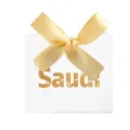 Pequeña caja de regalo blanca con lazo de satén amarillo y texto dorado Saudi palm tree - Caja Blanca / Cinta Amarilla