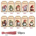 50pcs Christmas gnome paper gift tags with festive twine strings for holiday decor - 50 Tags + 50 Red & White Twine