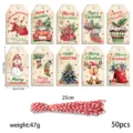 Set di 50 etichette regalo natalizie vintage in carta Kraft con Babbo Natale - 50 Cartellini (S876) / 50 Corde Rosse e Bianche